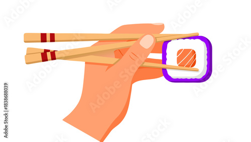 Hand holding chopsticks gripping a sushi roll with salmon and avocado filling over a blurred background conveying a culinary experience