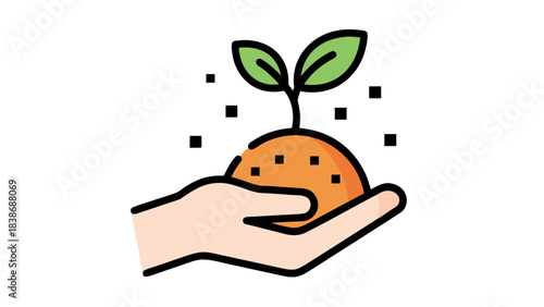 Hand Holding Orange Fruit Sprout Growing New Life Green Leaves Dark Background symbolizes Growth and Nature
