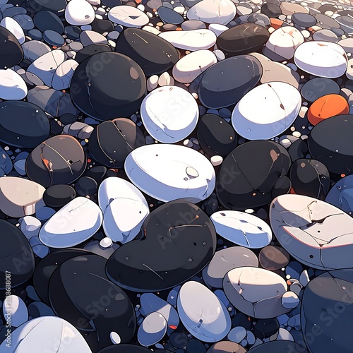 Assorted polished pebbles in varying shades of gray, white, and black, densely packed together in a vector-style pattern