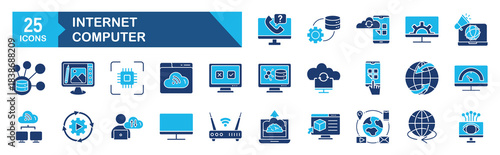 Internet computer icon set Blue Monochrome Flat Design concept for cyberspace, website, online, network, technology, laptop, datum, server, symbol