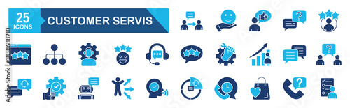 Customer service icon set Blue Monochrome Flat Design concept for client, service, satisfied, support, life events, feedback, operator, assistance