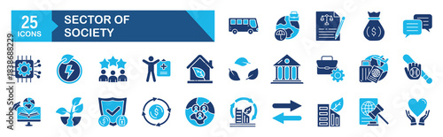Sector of society icon set Blue Monochrome Flat Design concept for sector, society, agriculture, education, health care, energy, technology, transportation, art, justice, public administration