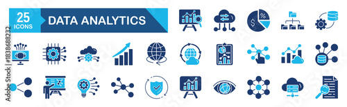 Data analytics icon set Blue Monochrome Flat Design concept for technology, database, analysis, monitoring, cloud, computing, server, statistic