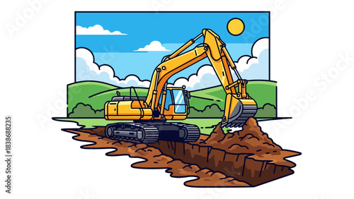 Yellow excavator digging a trench in a green landscape under a blue sky