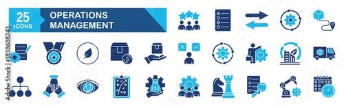 Operations management icon set Blue Monochrome Flat Design concept for operation, management, production, logistic, supply, manufacturing, cost, strategy 