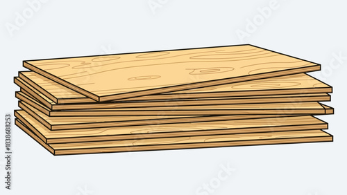Stack of six light brown wooden plywood sheets against a pale background