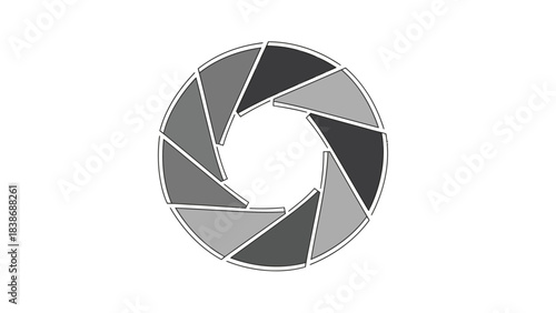 Stylized aperture icon composed of ten overlapping shaded triangular blades forming a small central opening