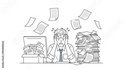 Stressed office worker surrounded by piles and flying papers