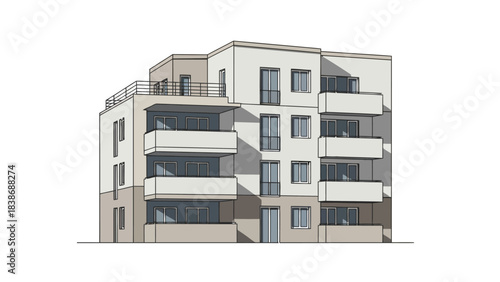 Stylized architectural drawing of a contemporary apartment building facade