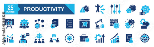 Productivity icon set Blue Monochrome Flat Design concept for efficiency, multitask, sharpened, workflow, task, growth, automation, routine