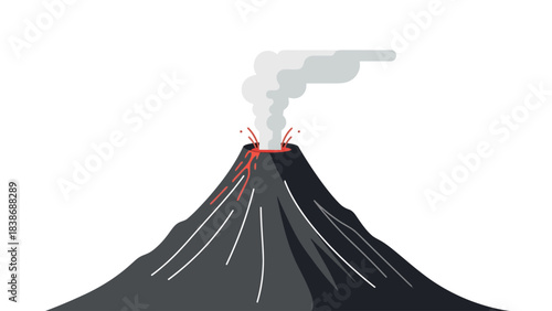 Stylized dark gray volcano erupting with red lava flows and gray smoke against a white background