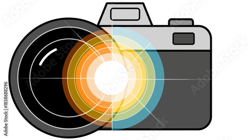 Stylized graphic of a camera lens overlaid with a color spectrum