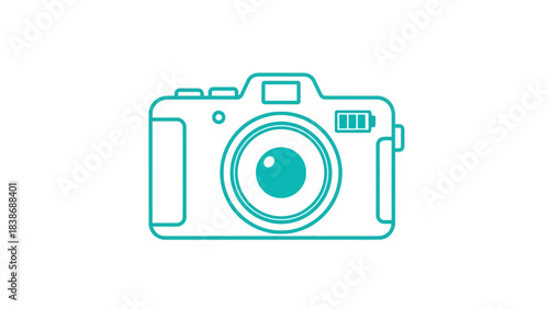 Teal lineart drawing of a pointandshoot style digital camera on a white background