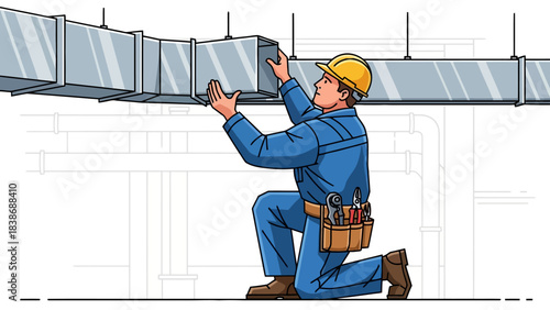 Technician installing metal HVAC ductwork suspended overhead in industrial setting