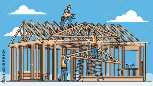 Three construction workers framing a wooden house structure under a blue sky