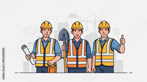 Three construction workers in safety gear with tools against a city backdrop
