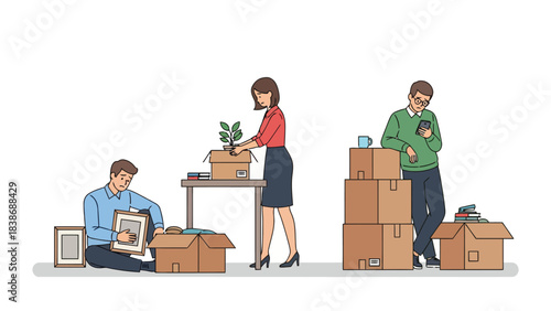 Three people packing or unpacking boxes amidst office items on a white background