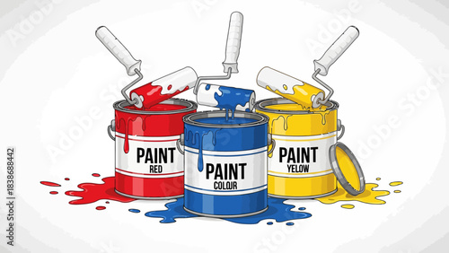 Three open paint cans red blue yellow with rollers dripping paint