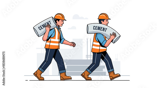Two construction workers carrying large bags labeled CEMENT on their shoulders