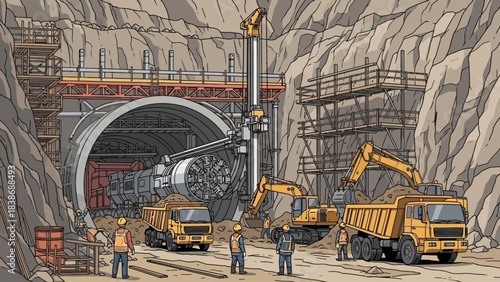 Tunnel boring machine construction site with workers excavators and dump trucks