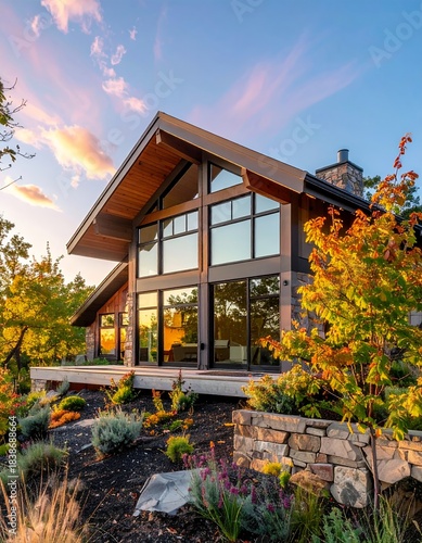 Wallpaper Mural Modern Mountain Home with Stunning Sunset Views and Lush Landscaping. Torontodigital.ca