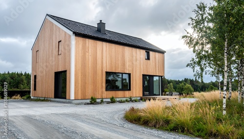 Modern wooden house with a minimalist design and large windows, surrounded by natural landscape under a cloudy sky.