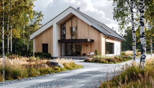 Modern Wooden House in a Serene Forest Setting with Gravel Driveway and Lush Greenery.