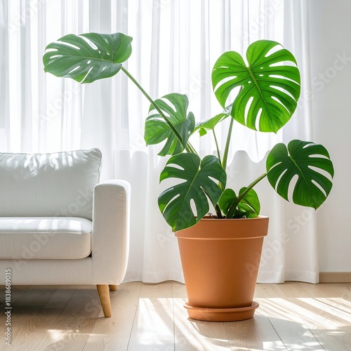 Monstera Deliciosa Plant in Terracotta Pot Bathed in Sunlight Indoors.