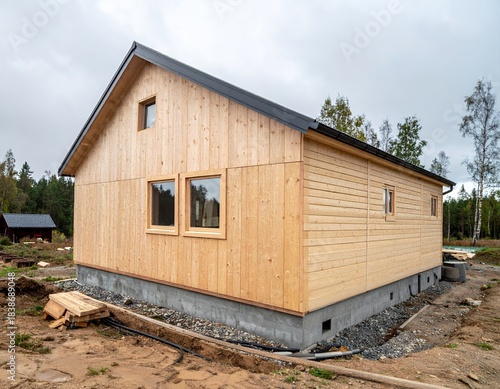 Newly constructed wooden house with a gabled roof and light wood siding, set against a cloudy sky in a rural landscape.