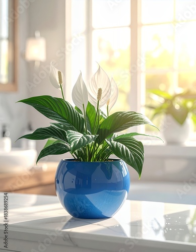Peace Lily Plant in Blue Pot on Countertop with Sunlight.