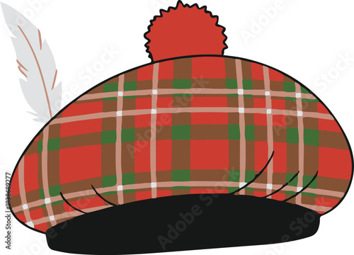 A traditional Scottish Tam o' Shanter hat vector illustration featuring a classic red tartan pattern, a matching red pom-pom on top, and a white feather accent on the side.