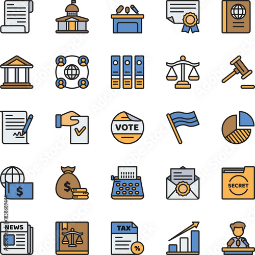Collection of government and legal icons representing civic engagement and public services