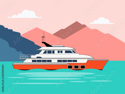 Yacht in a body of water set against a background of mountains. Yacht vector illustration. Flat illustration concept.