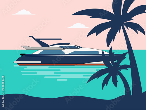 Yacht in a tropical seascape. Yacht vector illustration. Flat illustration concept.