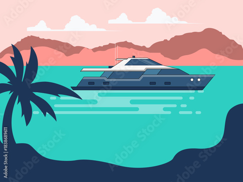 Modern yacht sailing on the ocean near an island. Yacht vector illustration. Flat illustration concept.