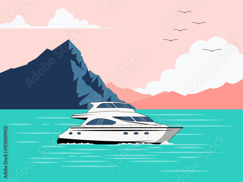 Yacht cruising on the water with a scenic background of mountains and clouds. Yacht vector illustration. Flat illustration concept.