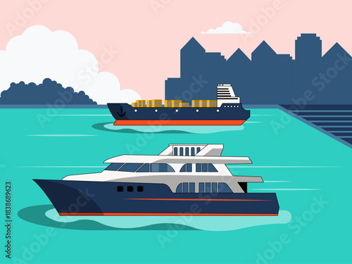 Two types of ships in a harbour setting in front of a city skyline. Yacht vector illustration. Flat illustration concept.