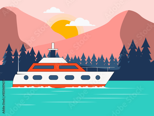 Modern cruise ships are sailing on the ocean. Yacht vector illustration. Flat illustration concept.