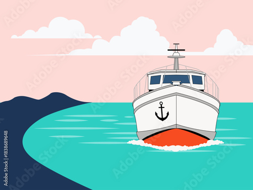 Motorboat moving through the water near the shore. Yacht vector illustration. Flat illustration concept.