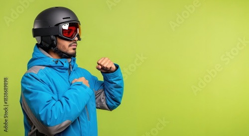 Confident young man in ski helmet and goggles wearing a blue winter jacket, standing in a ready pose against a vibrant green studio background.