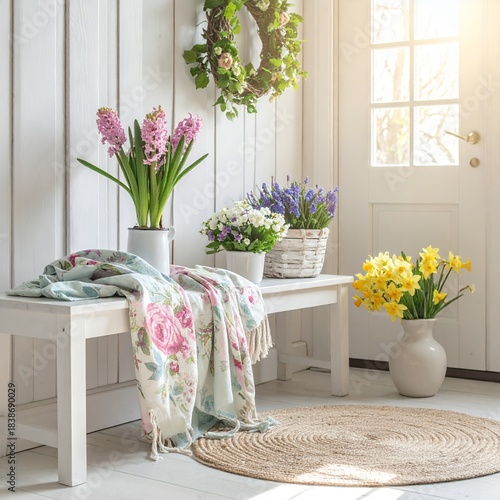 Springtime entryway with fresh flowers and cozy decor, welcoming and bright.