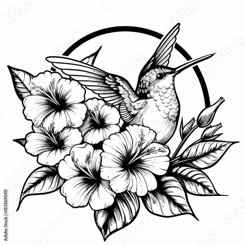 Hummingbird with flowers illustration in monochrome style for decorative use