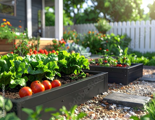 Vibrant home garden with raised beds full of fresh vegetables and ripe tomatoes, creating a beautiful and productive backyard space.
