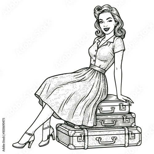 Vintage pin-up style woman smiling, dressed in a retro 1940s/1950s dress, sitting on a stack of classic suitcases. Engraving or etching black and white illustration depicting travel, vacation, fashion