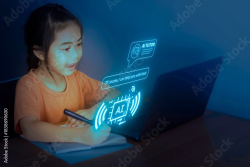 Child using laptop for online learning while interacting with AI tutor in a dimly lit room at home