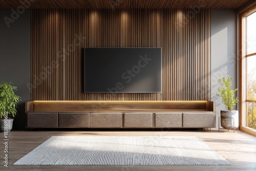 Modern living room features a sleek entertainment center and a wall-mounted screen.