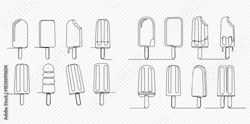 Continuous line drawing of various ice cream popsicles, hand-drawn dessert sketches on a transparent background.