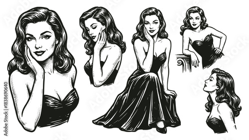 Set of six elegant vintage pin-up style portraits and full-body illustrations of a woman in a strapless evening gown. Glamour, retro, engraving vector design pack.