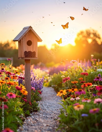 Wooden Birdhouse in a Vibrant Flower Garden at Golden Hour with Butterflies.