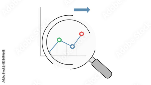 Magnifying Glass Over Bar Chart Showing Growth Trends With Data Points In Blue Green Red And Arrow Indicating Positive Direction On White Background